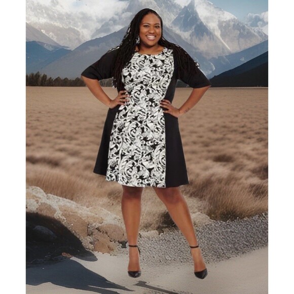Chic Connected Apparel Plus Sz 20W Black & White Dress Knee Length  Floral BOHOO - Picture 1 of 5